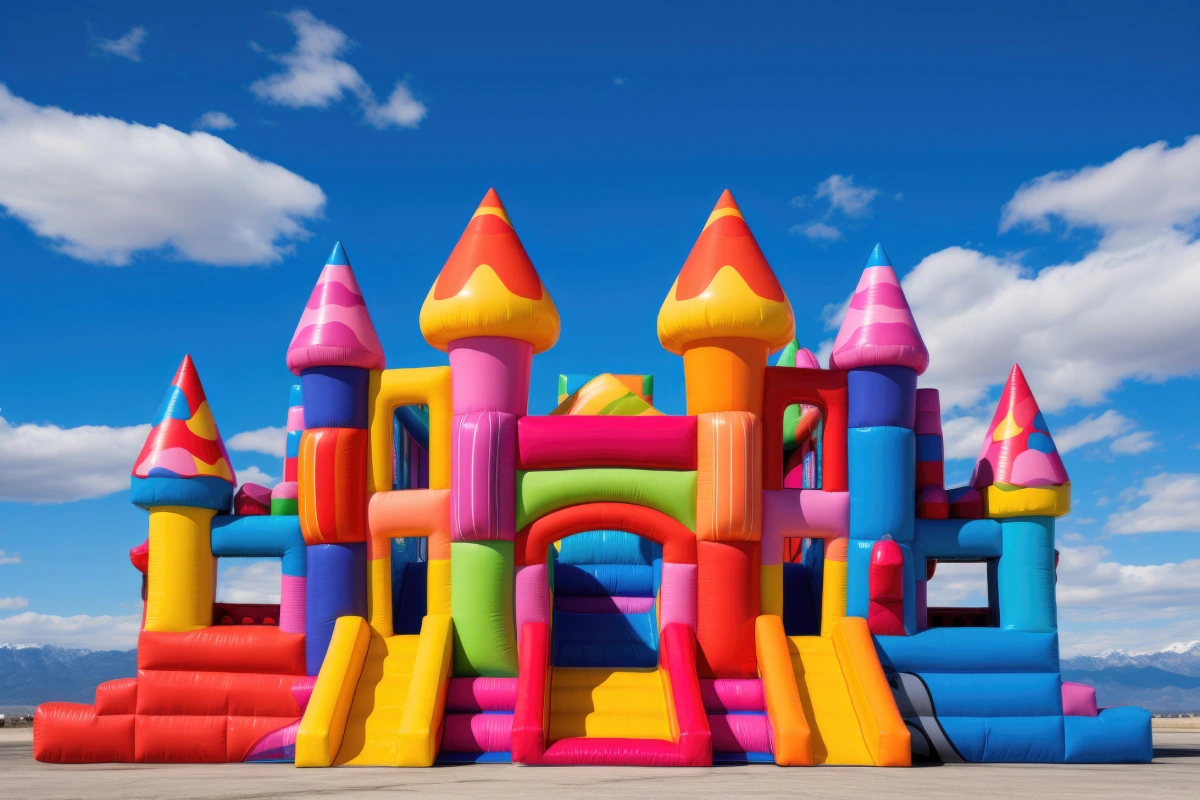 a brightly colored bounce house set against a blue sky, created with generative ai
